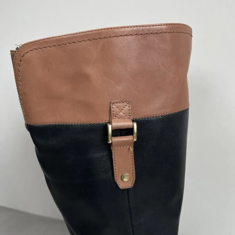 Franco Sarto Women's Black Brown Leather Tall‎ Riding Boots 7.5 Wide Calf